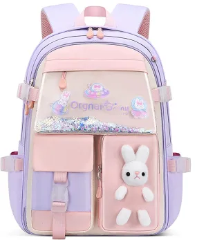 MCWTH School Backpack for Girls, Lightweight Waterproof Cute Bunny School Bookbag for Teen Kids Students Elementary (Rabbit Purple) Large