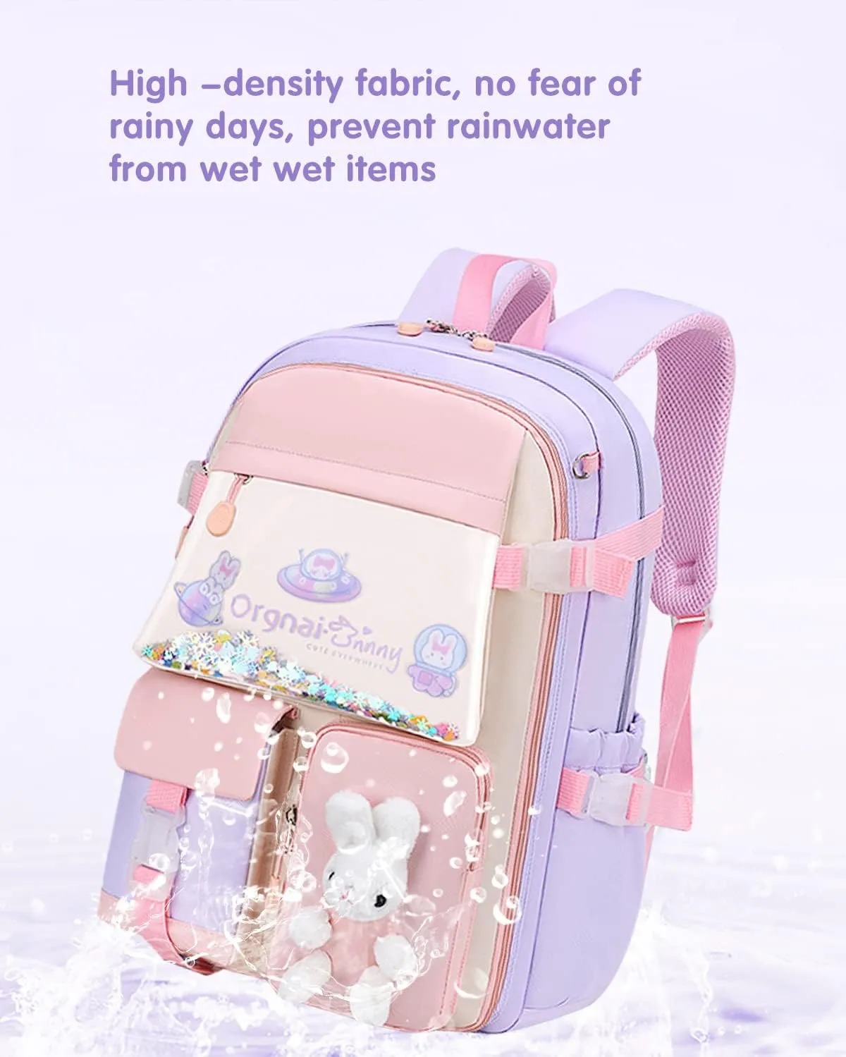 MCWTH School Backpack for Girls, Lightweight Waterproof Cute Bunny School Bookbag for Teen Kids Students Elementary (Rabbit Purple) Large