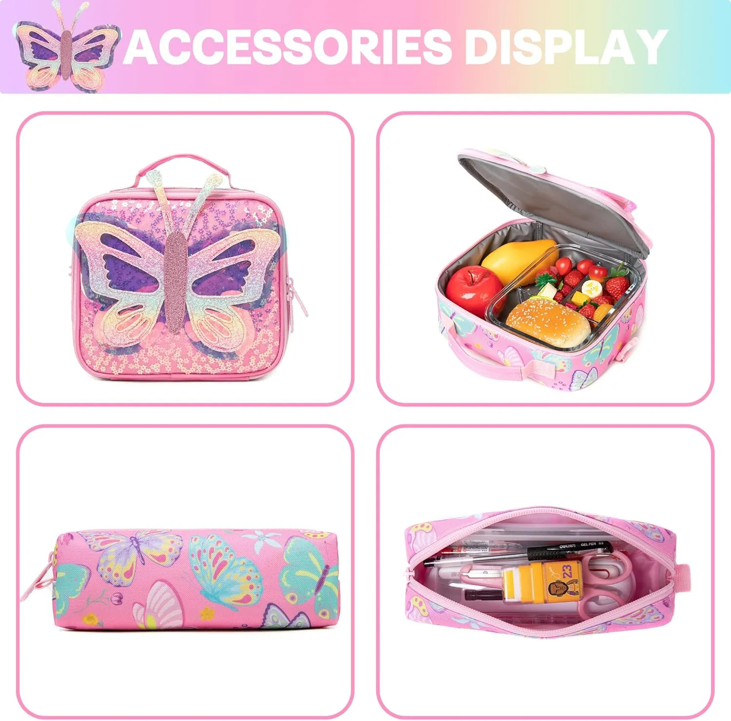 Meetbelify Backpacks for Girls School Backpacks with Lunch Box Pencil Case for Elementary Students Ages 8-10 Kids Travel Backpack 3 in 1 Backpack Set for Girls Butterfly