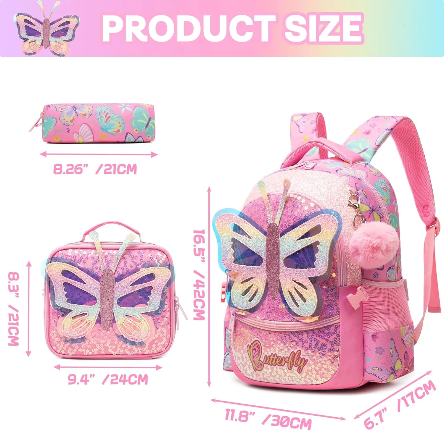 Meetbelify Backpacks for Girls School Backpacks with Lunch Box Pencil Case for Elementary Students Ages 8-10 Kids Travel Backpack 3 in 1 Backpack Set for Girls Butterfly