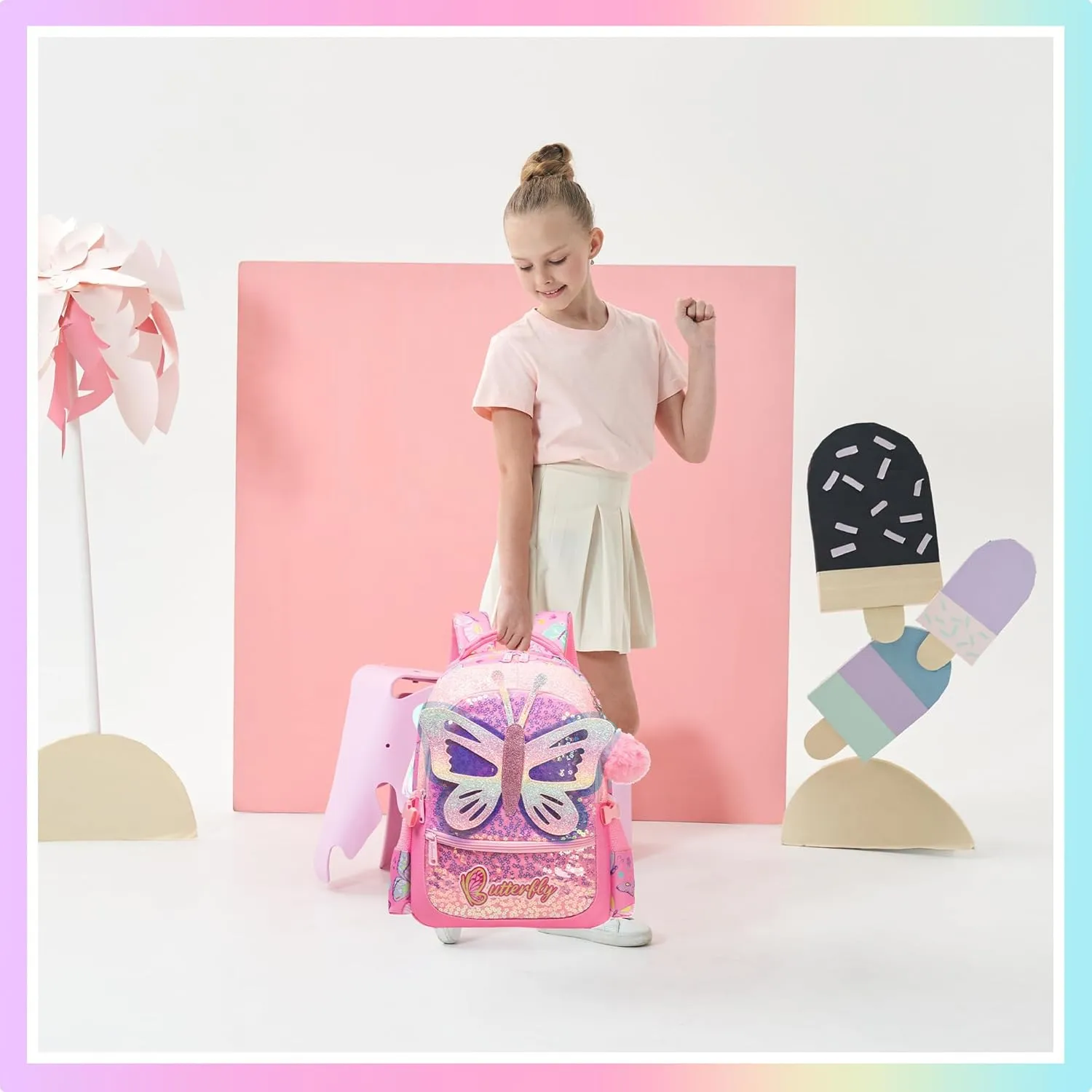 Meetbelify Backpacks for Girls School Backpacks with Lunch Box Pencil Case for Elementary Students Ages 8-10 Kids Travel Backpack 3 in 1 Backpack Set for Girls Butterfly