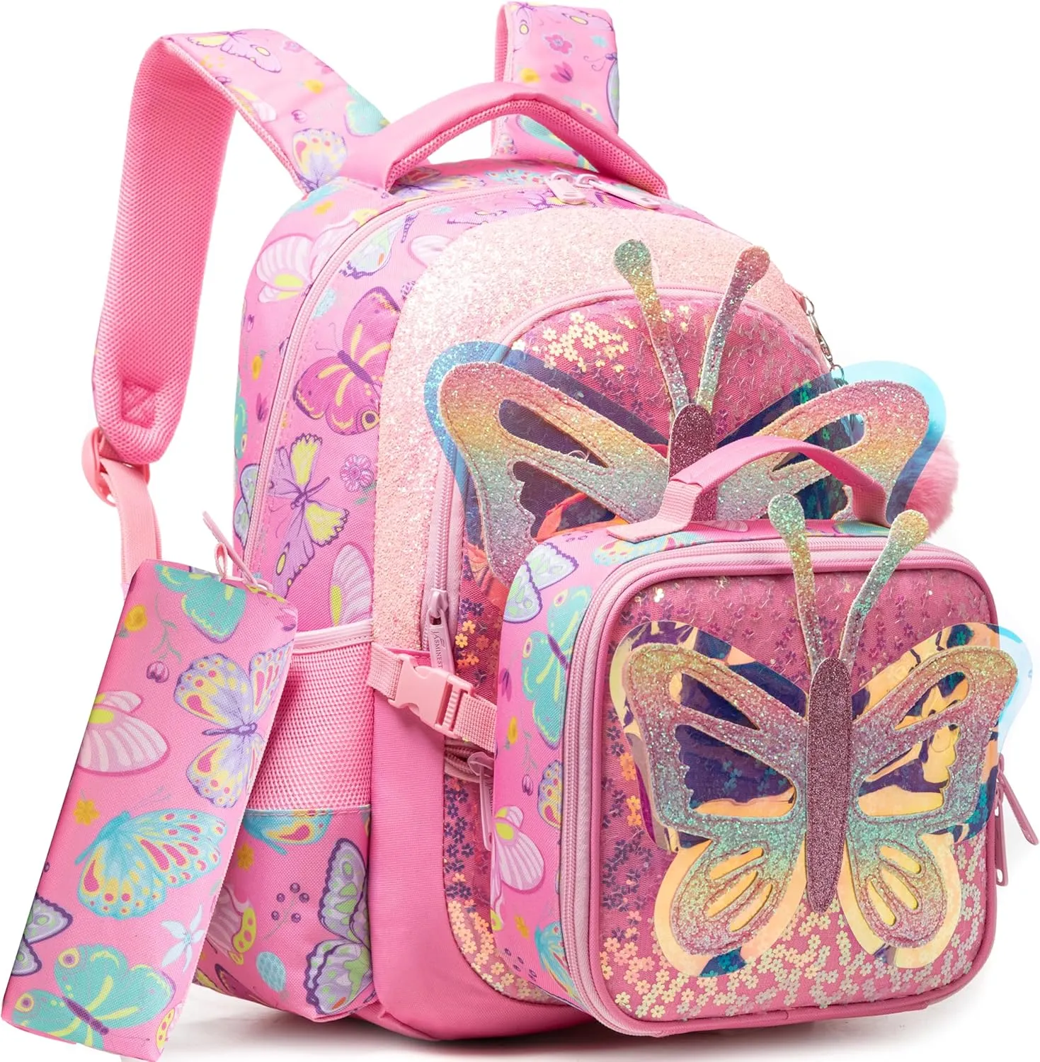 Meetbelify Backpacks for Girls School Backpacks with Lunch Box Pencil Case for Elementary Students Ages 8-10 Kids Travel Backpack 3 in 1 Backpack Set for Girls Butterfly