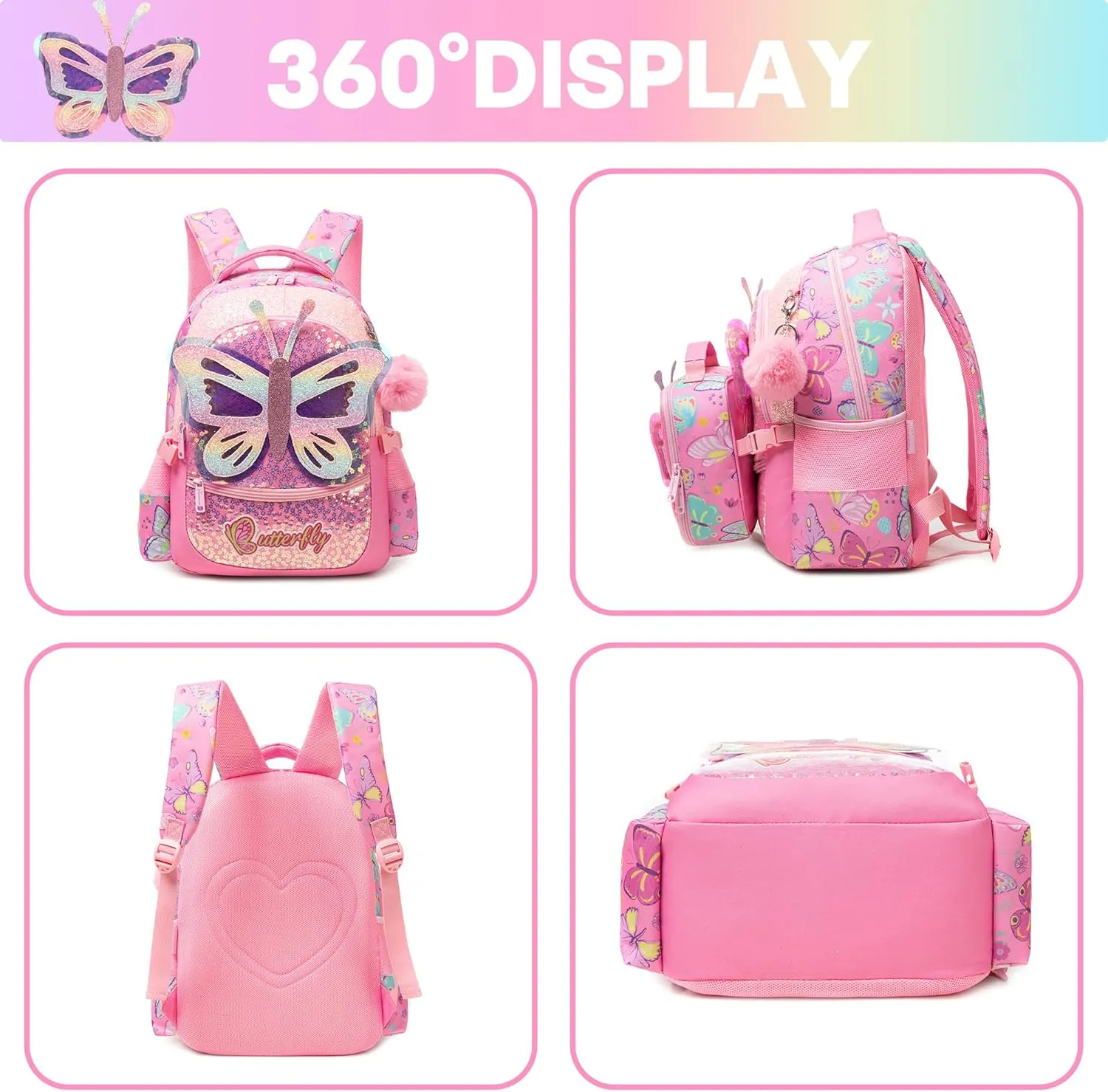 Meetbelify Backpacks for Girls School Backpacks with Lunch Box Pencil Case for Elementary Students Ages 8-10 Kids Travel Backpack 3 in 1 Backpack Set for Girls Butterfly