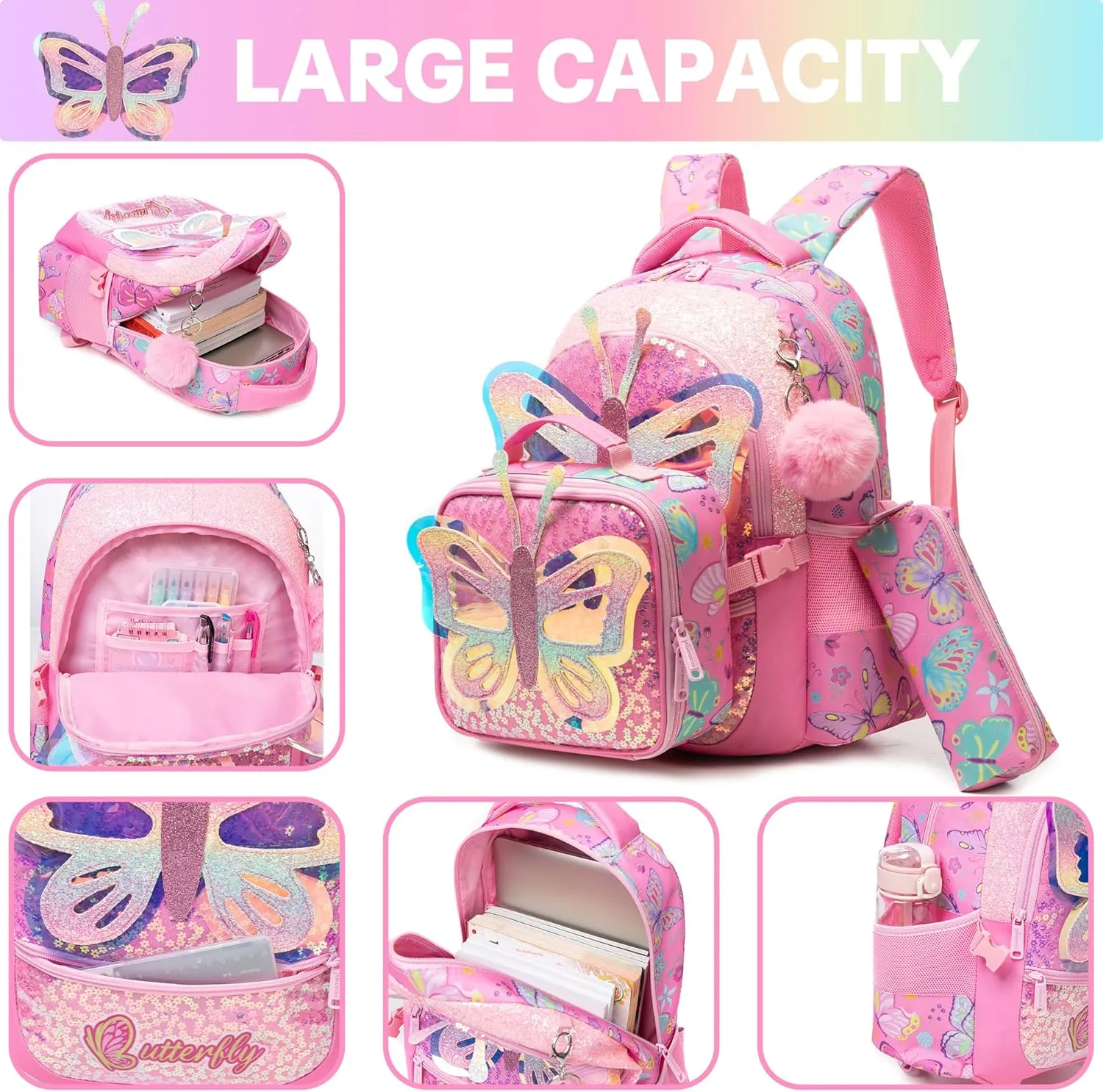 Meetbelify Backpacks for Girls School Backpacks with Lunch Box Pencil Case for Elementary Students Ages 8-10 Kids Travel Backpack 3 in 1 Backpack Set for Girls Butterfly