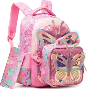 Meetbelify Backpacks for Girls School Backpacks with Lunch Box Pencil Case for Elementary Students Ages 8-10 Kids Travel Backpack 3 in 1 Backpack Set for Girls Butterfly