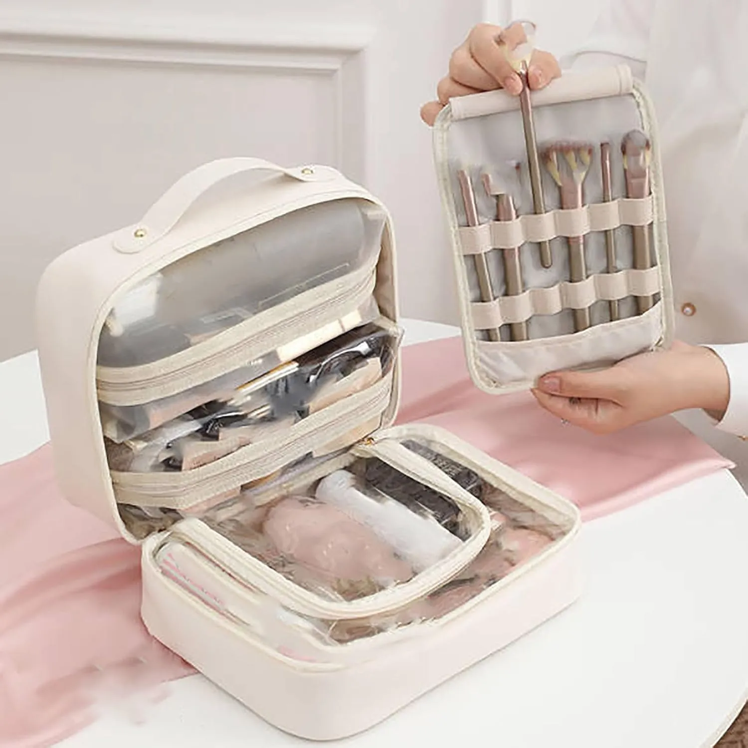 Multi Compartment Toiletry Cosmetics Bag, Set Patient Travel Toiletry Bag, Large Capacity Travel Toiletry Bag Waterproof Cosmetic Bag, For Women Girls Travel (White)