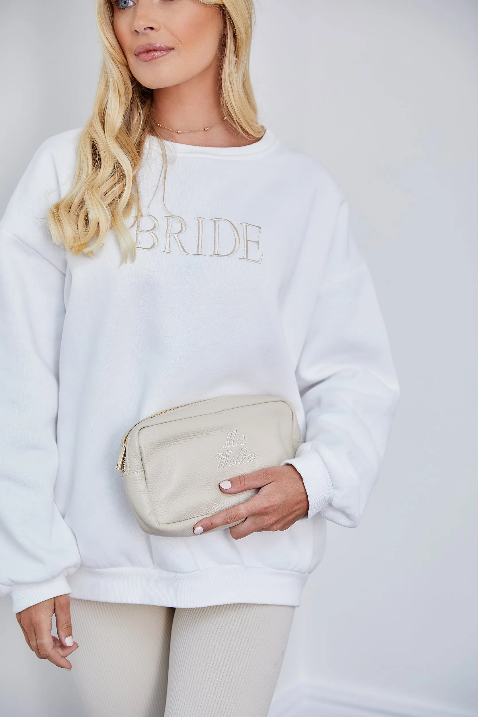 Personalised Bridal Leather Pouch Cosmetic Bag - Ivory Pebble with Gold Hardware