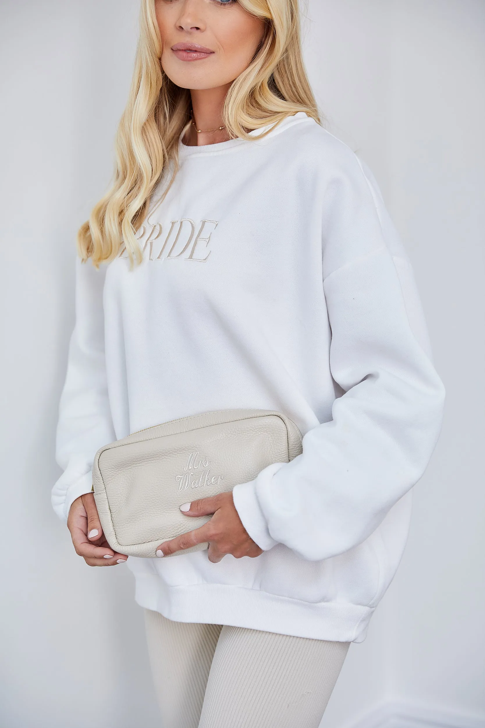 Personalised Bridal Leather Pouch Cosmetic Bag - Ivory Pebble with Gold Hardware