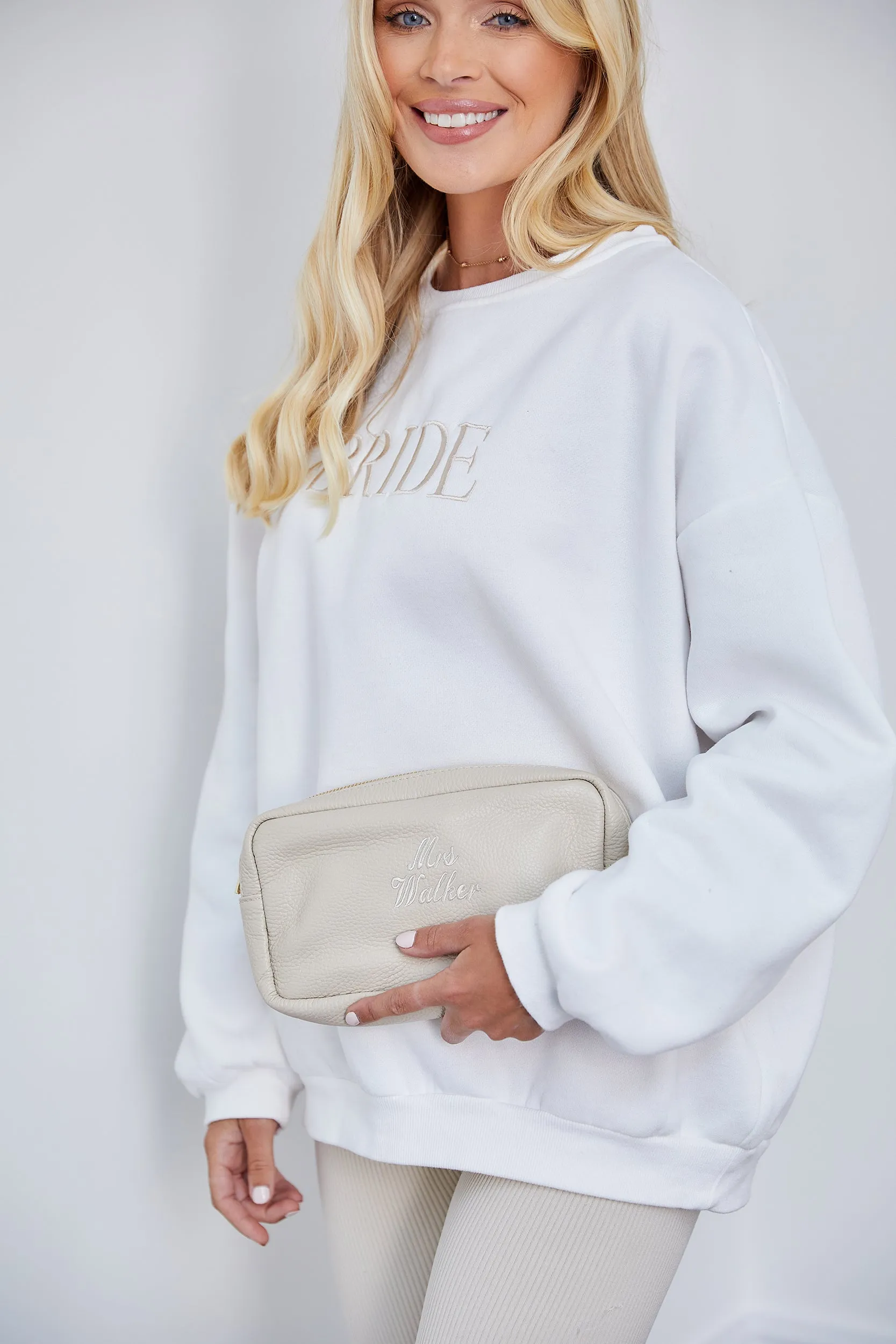 Personalised Bridal Leather Pouch Cosmetic Bag - Ivory Pebble with Gold Hardware
