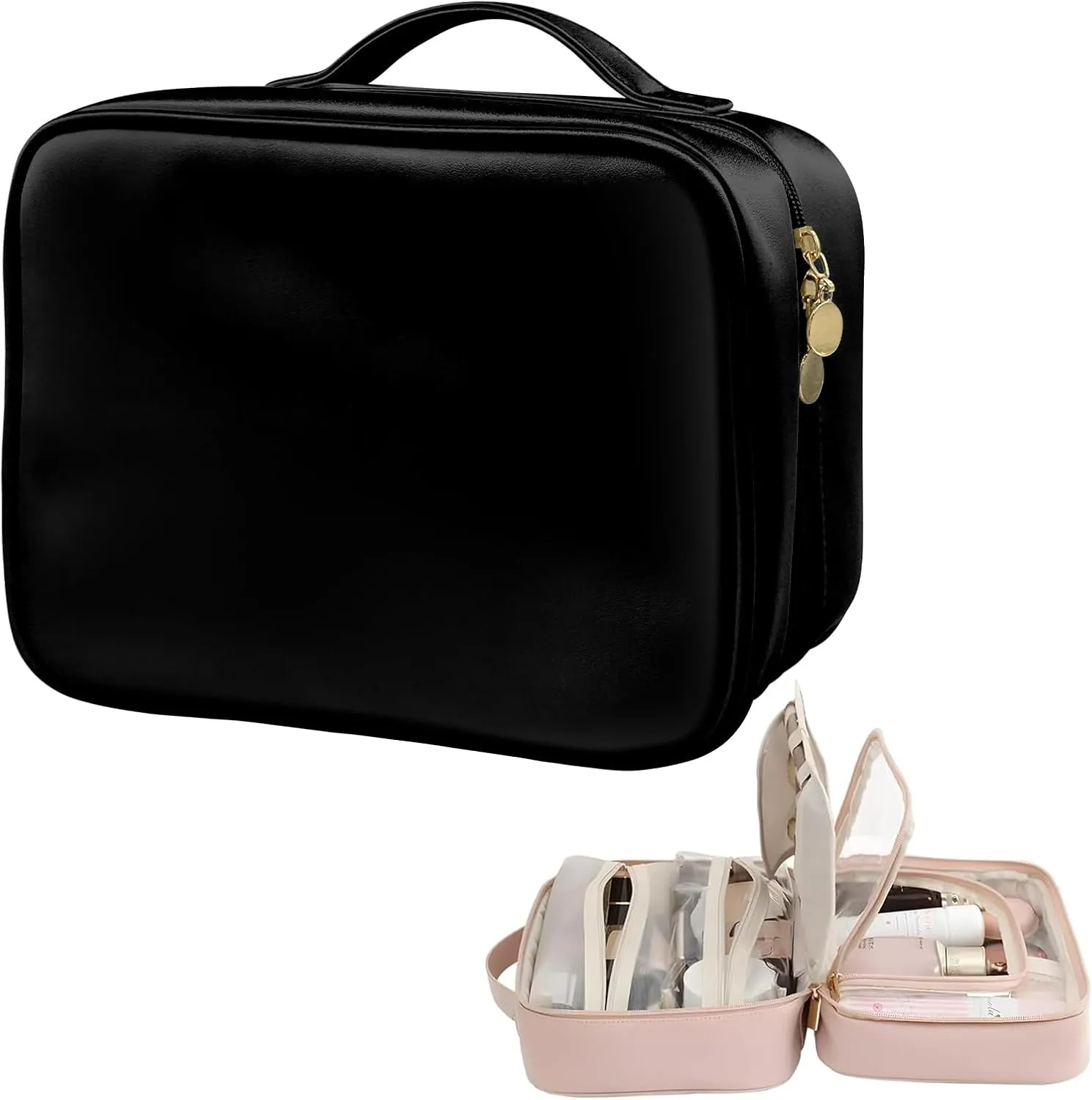 Set Patient Travel Makeup Bag,Multi-compartment Cosmetics Bag for Women,PU Leather Portable Water Resistant Toiletry Bag