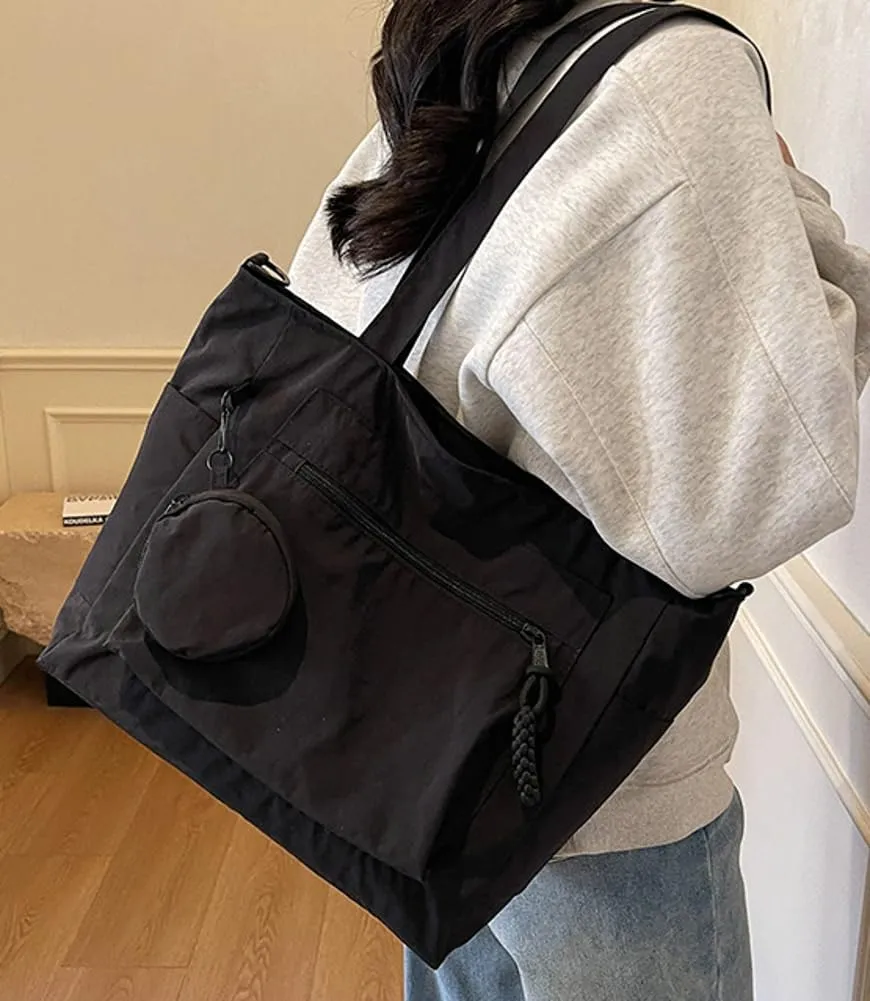Solid Trendy Large Capacity Tote Bag Durable Nylon Handbag With Pockets Commuter Travel Sling Bag for Women 2025