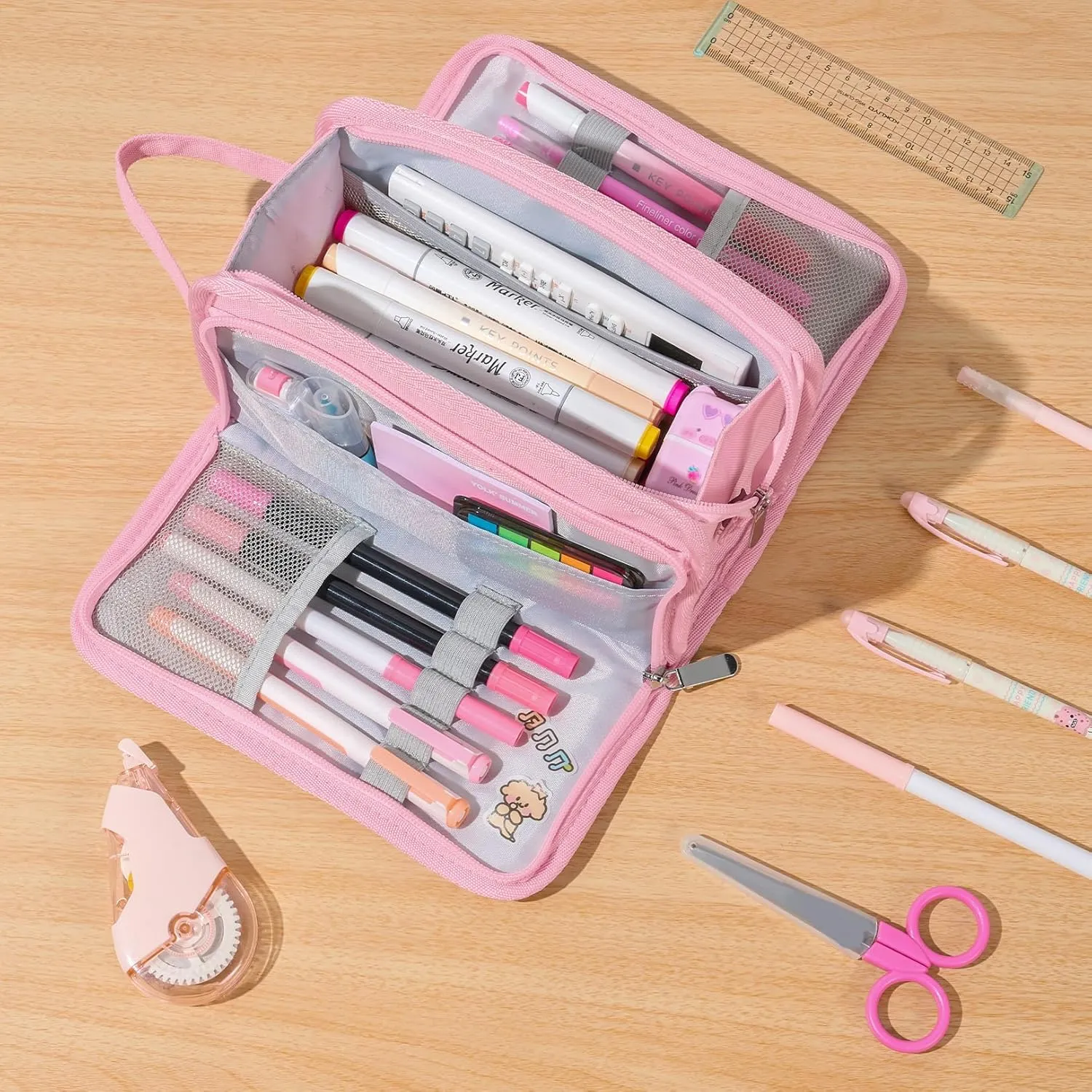 Sooez Large Pencil Case, Big Capacity Pencil Pouch Pen Bag with 3 Compartment, Portable Canvas Stationery Organizer with Zipper, Cute Aesthetic School Supplies for Teen Girls, Celadon with Plaid