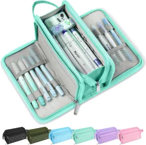 Sooez Large Pencil Case, Big Capacity Pencil Pouch Pen Bag with 3 Compartment, Portable Canvas Stationery Organizer with Zipper, Cute Aesthetic School Supplies for Teen Girls, Celadon with Plaid