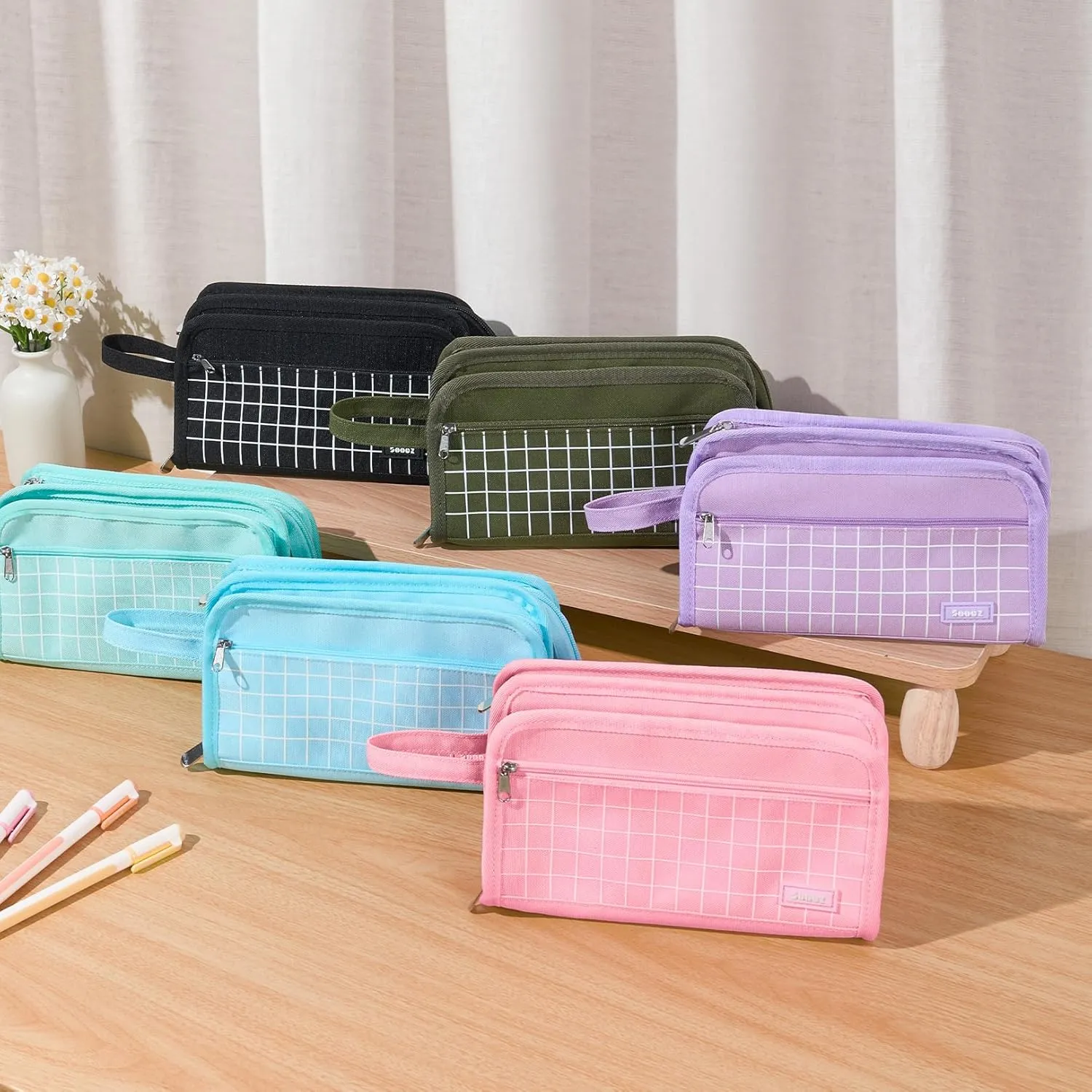 Sooez Large Pencil Case, Big Capacity Pencil Pouch Pen Bag with 3 Compartment, Portable Canvas Stationery Organizer with Zipper, Cute Aesthetic School Supplies for Teen Girls, Celadon with Plaid