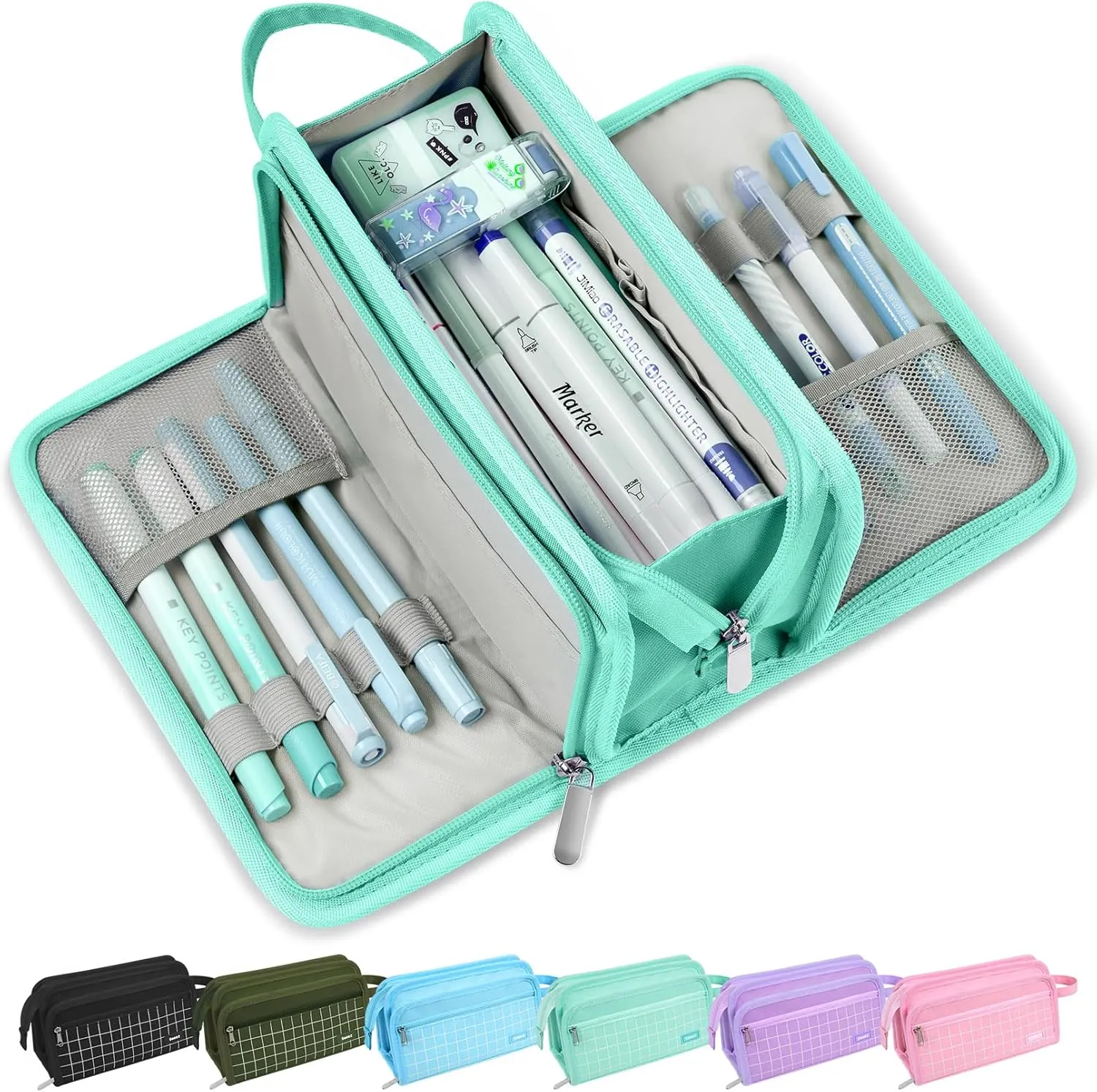 Sooez Large Pencil Case, Big Capacity Pencil Pouch Pen Bag with 3 Compartment, Portable Canvas Stationery Organizer with Zipper, Cute Aesthetic School Supplies for Teen Girls, Celadon with Plaid