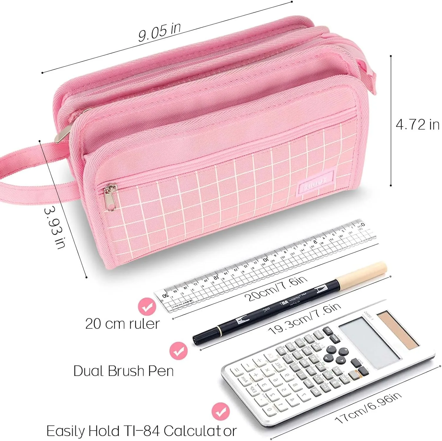 Sooez Large Pencil Case, Big Capacity Pencil Pouch Pen Bag with 3 Compartment, Portable Canvas Stationery Organizer with Zipper, Cute Aesthetic School Supplies for Teen Girls, Celadon with Plaid