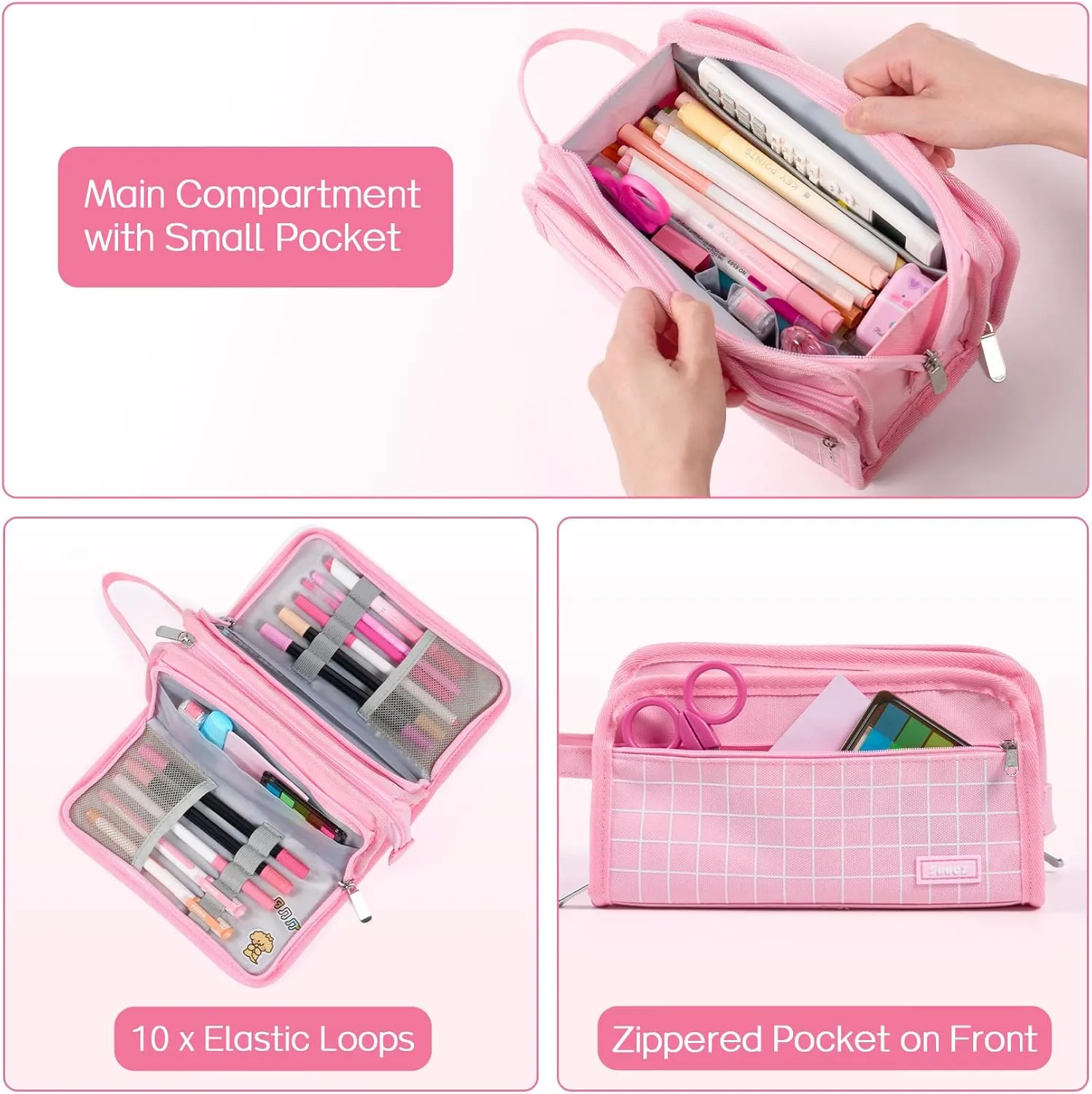 Sooez Large Pencil Case, Big Capacity Pencil Pouch Pen Bag with 3 Compartment, Portable Canvas Stationery Organizer with Zipper, Cute Aesthetic School Supplies for Teen Girls, Celadon with Plaid