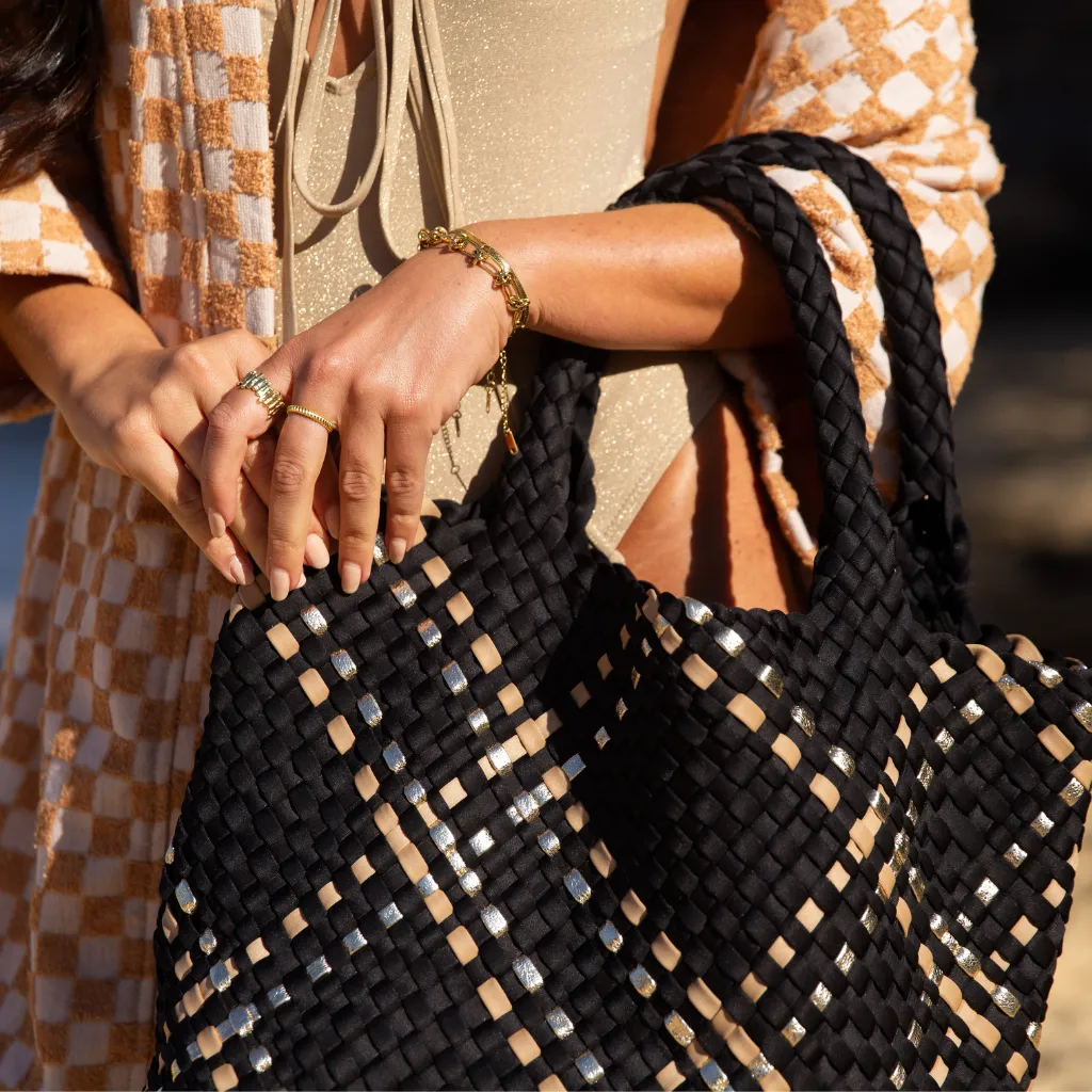 Woven Neoprene Large Tote - Black/Gold